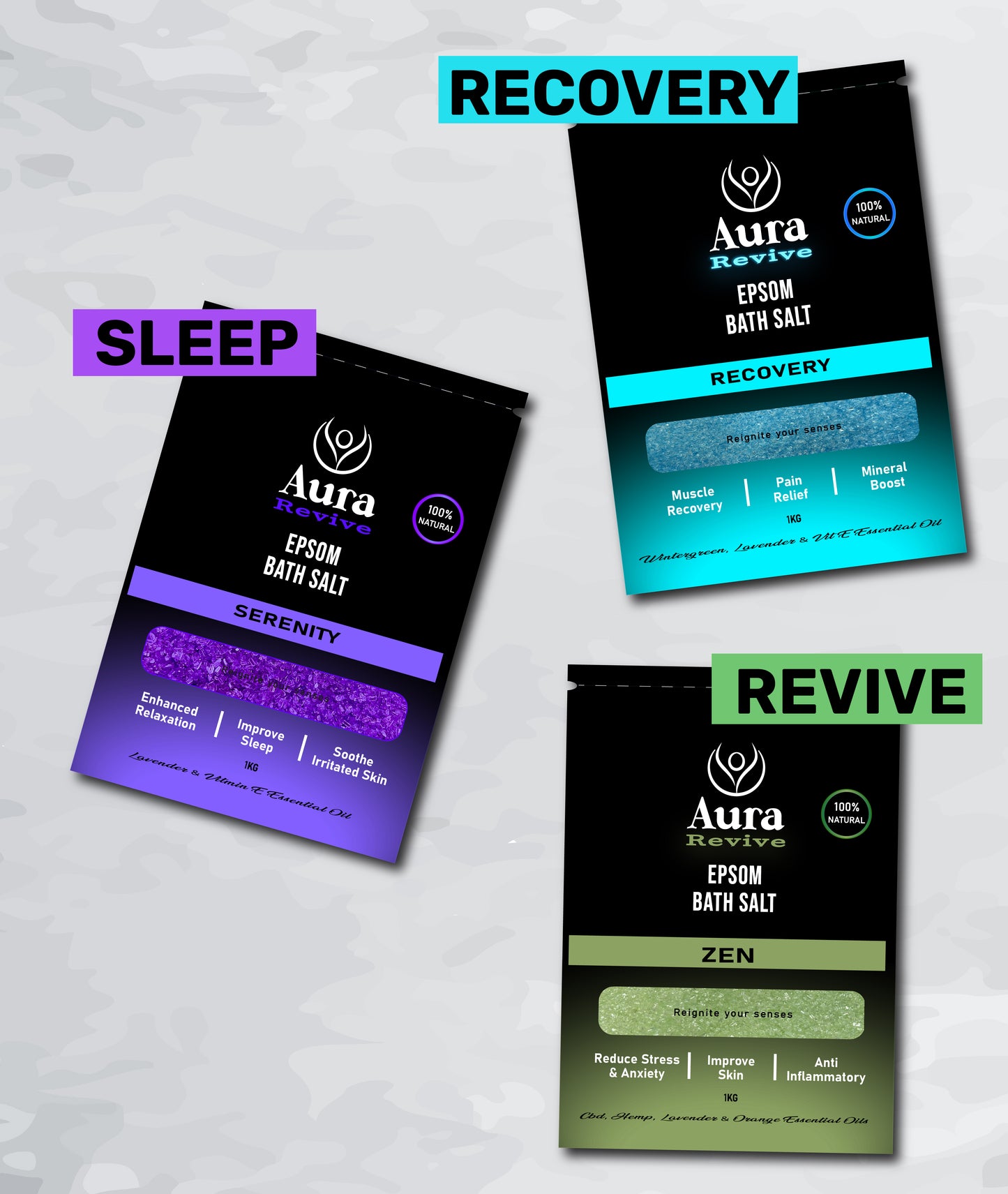 Aura Revive Epsom Bath Salt collection showcasing three ranges: Serenity for sleep and relaxation with lavender and Vitamin E, Recovery for muscle recovery and pain relief with wintergreen and lavender, and Zen for stress relief and anti-inflammatory benefits with CBD, lavender, and orange essential oils.