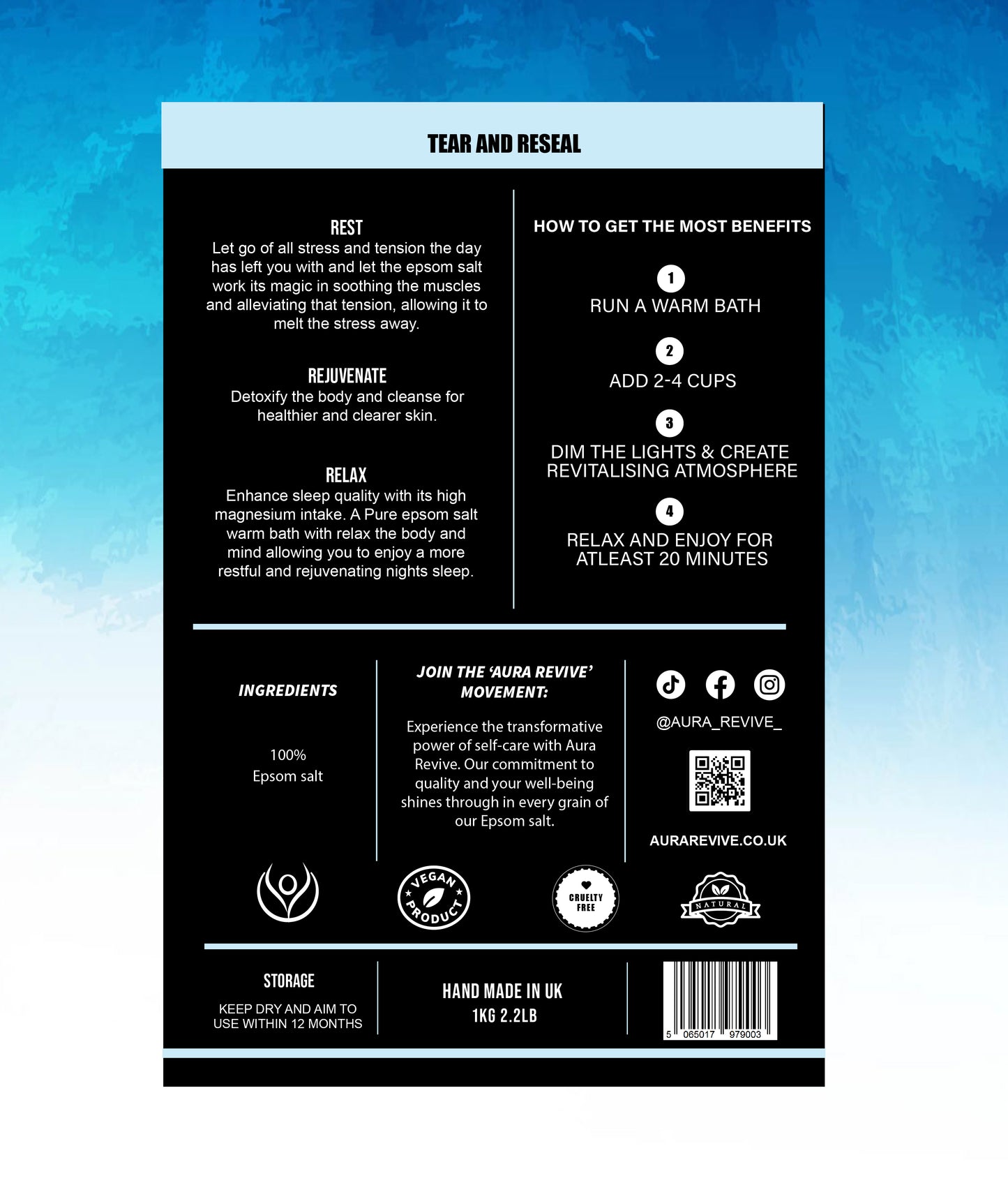 Aura Revive Pure Epsom Bath Salts packaging, emphasizing rest, rejuvenation, and relaxation with 100% Epsom salt.