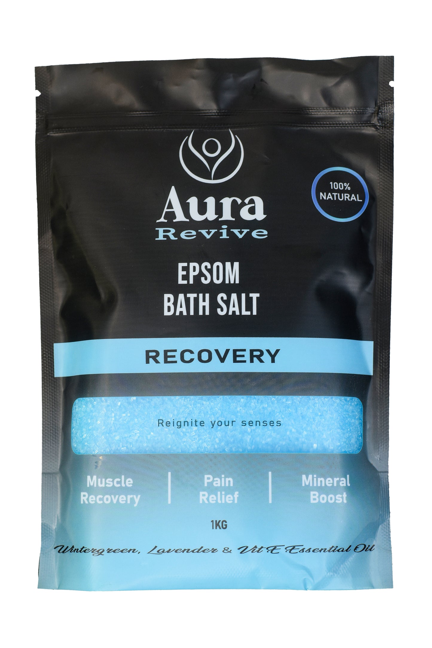 Aura Revive Recovery Epsom Bath Salts with wintergreen, lavender, and Vitamin E for muscle recovery, pain relief, and skin nourishment.