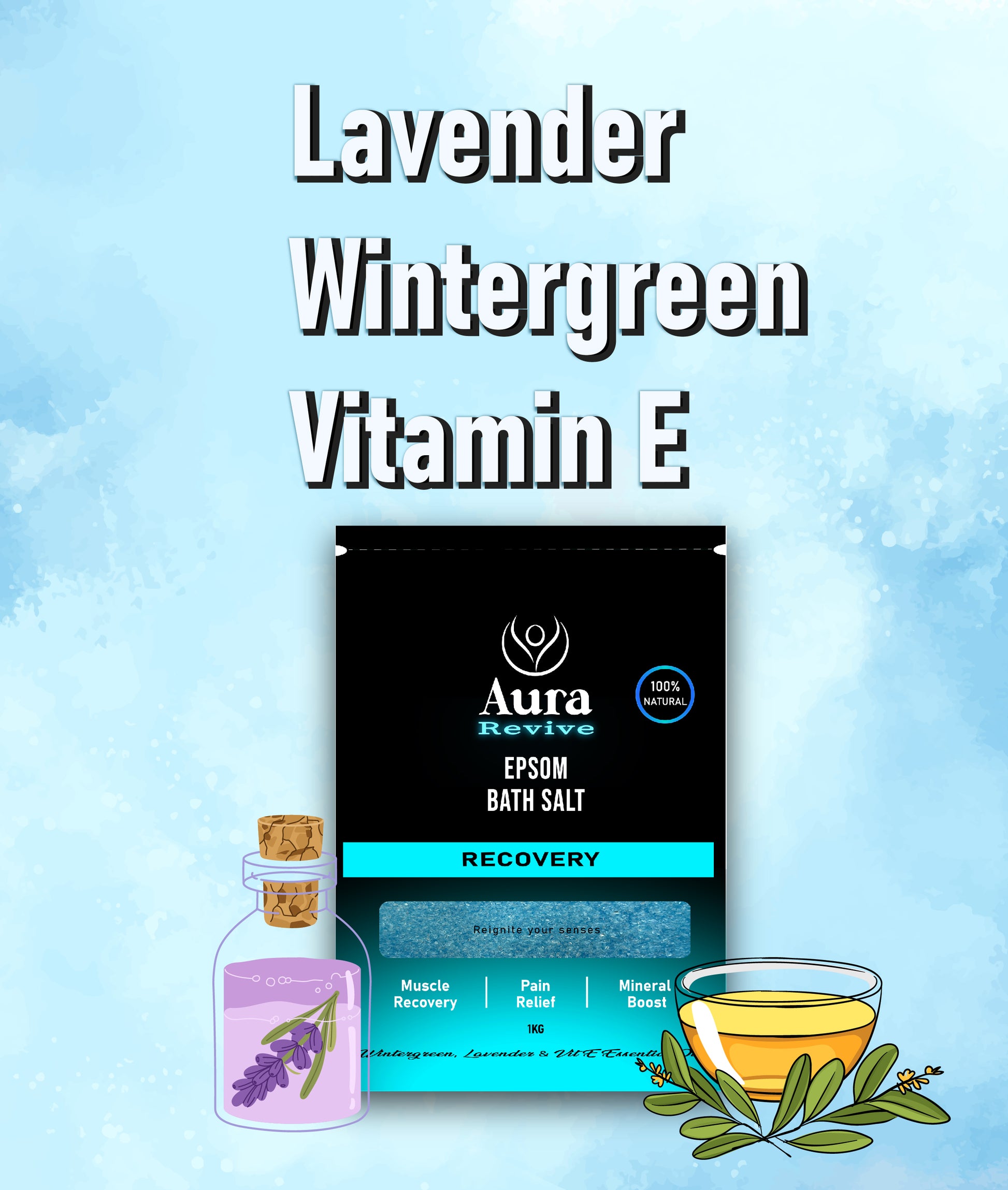 Aura Revive Recovery Epsom Bath Salt package with illustrated ingredients, including Lavender, Wintergreen, and Vitamin E, showcasing the natural components that support muscle recovery, pain relief, and skin nourishment.