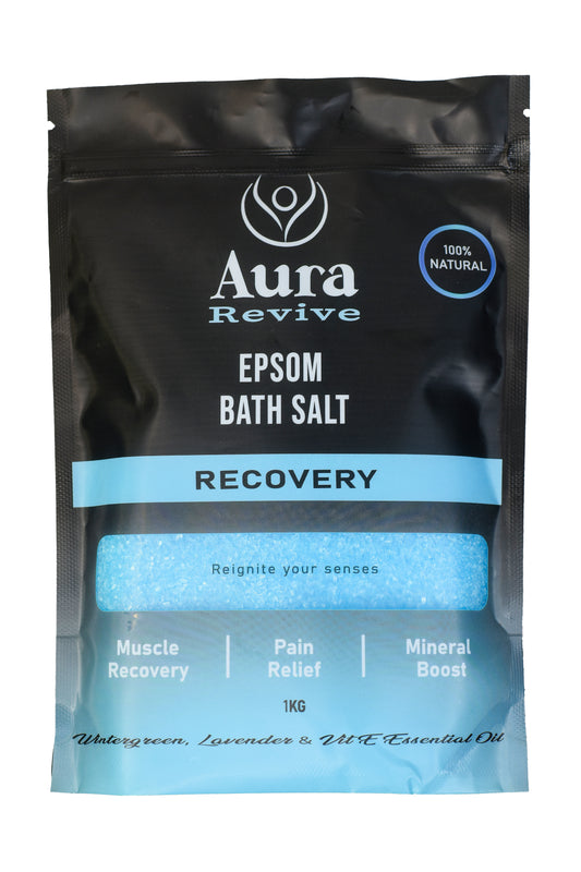 Aura Revive Recovery Epsom Bath Salts with wintergreen, lavender, and Vitamin E for muscle recovery, pain relief, and skin nourishment.