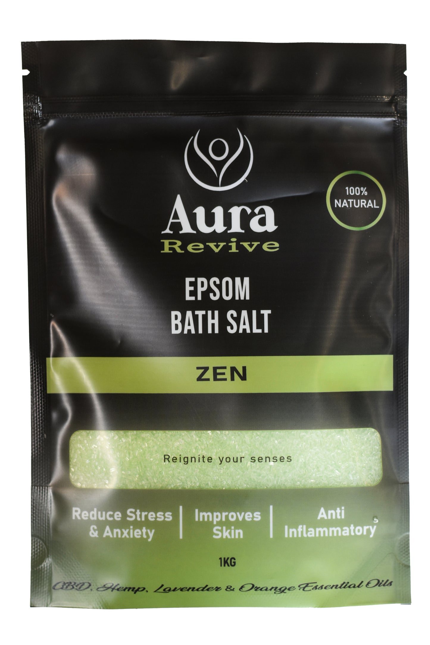Aura Revive Zen Epsom Bath Salt package featuring CBD, Lavender, and Orange Essential Oils for stress relief, skin improvement, and anti-inflammatory benefits.