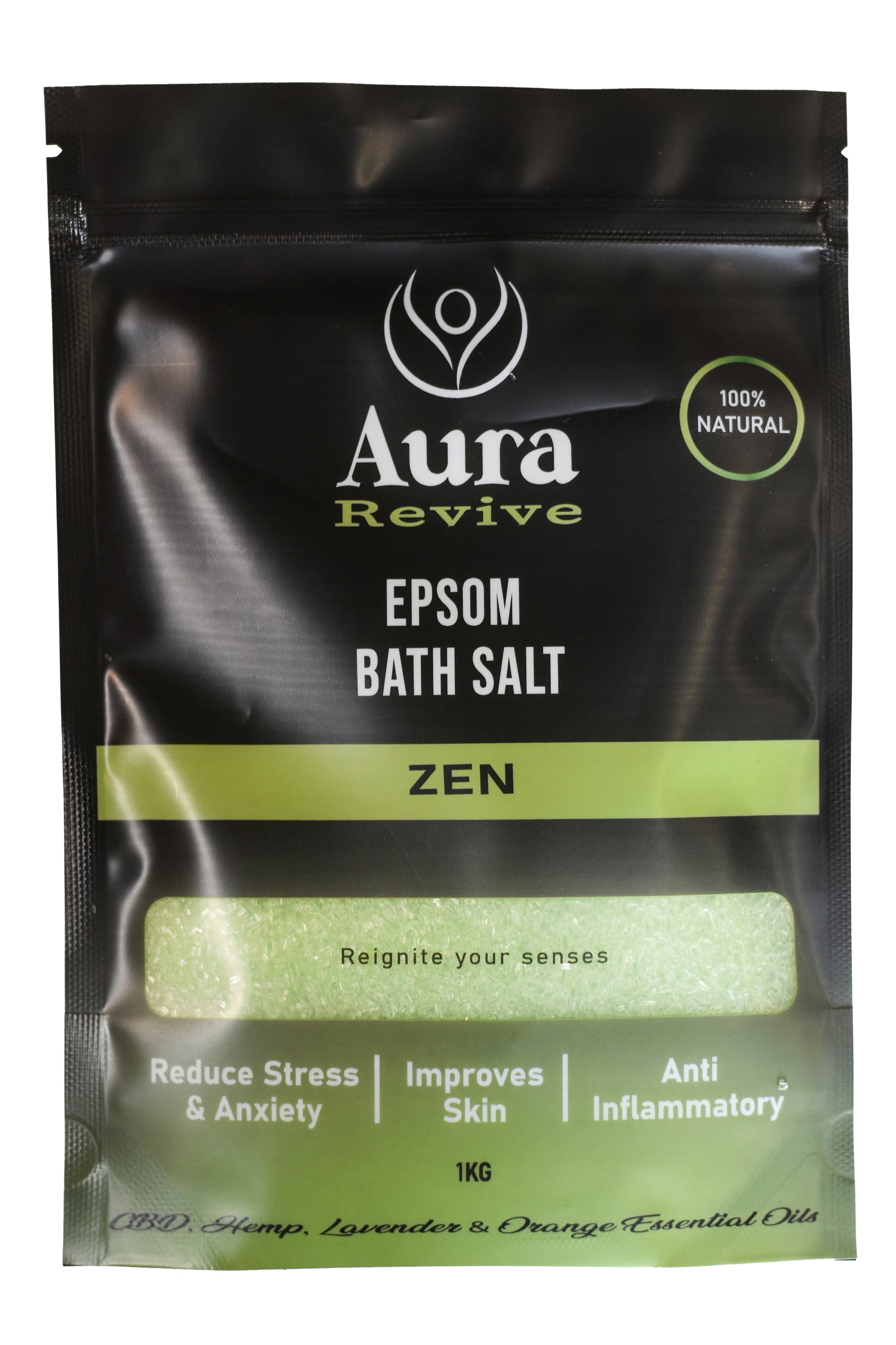 Aura Revive Zen Epsom Bath Salt package featuring CBD, Lavender, and Orange Essential Oils for stress relief, skin improvement, and anti-inflammatory benefits.